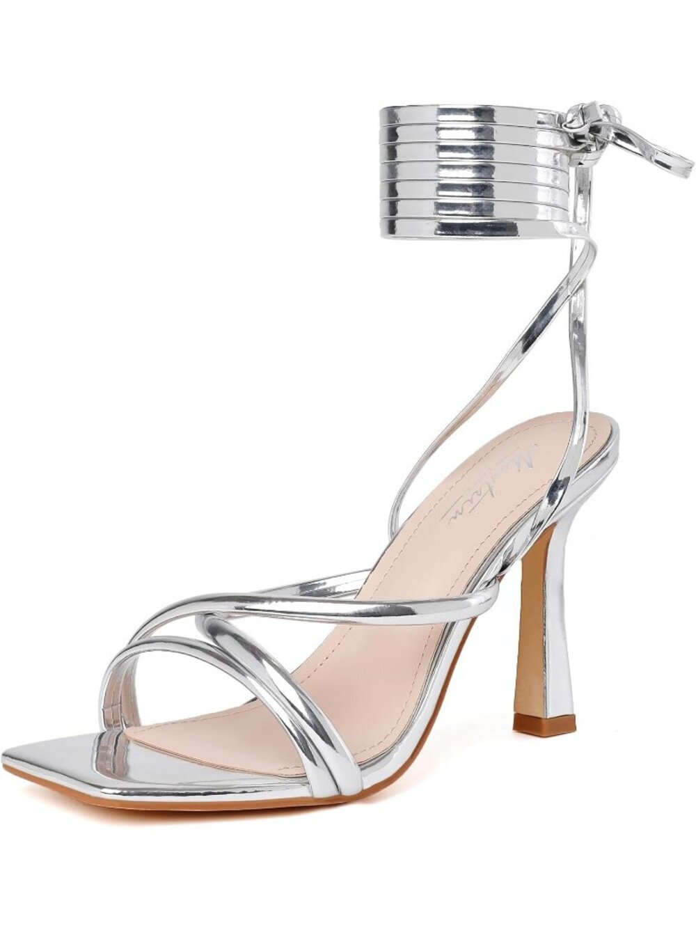 Women's Silver Strappy Heels Lace Up Square Open Toe Heels Tie Up High Heels